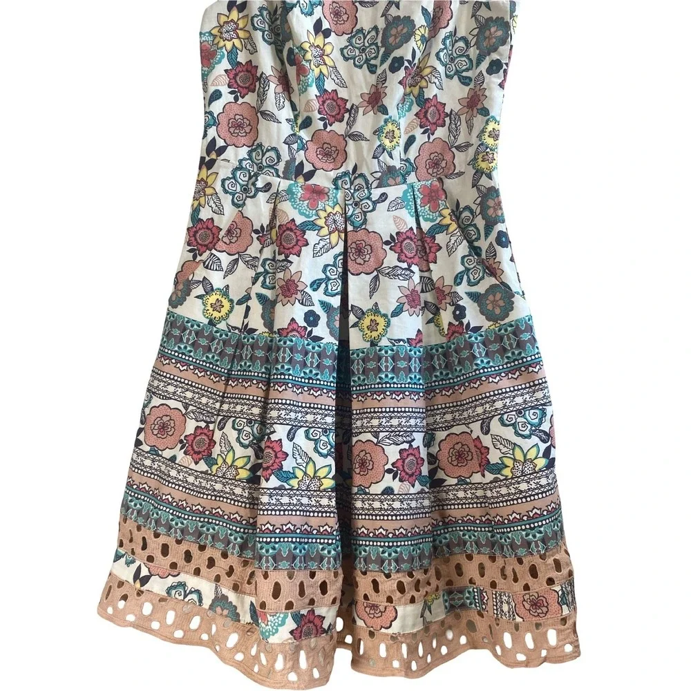 Teezeme Ivory Floral Pleated Mini Dress Size 3/4 Sleeveless Eyelet Pockets Cute‎ - Picture 5 of 13